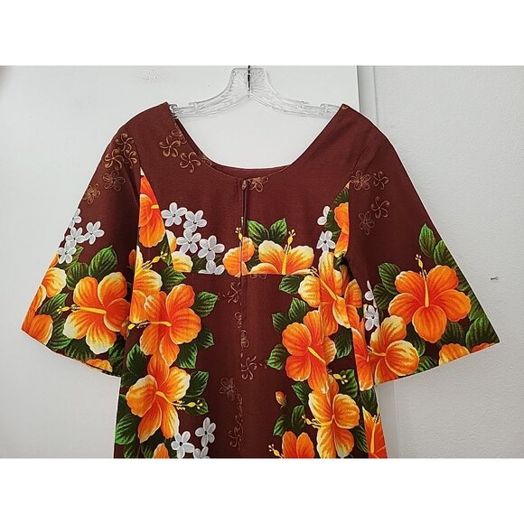 Vintage Ui Maikai Brown Orange Hibiscus Floral Print Hawaiian Maxi Dress 14 Luau - Picture 7 of 9